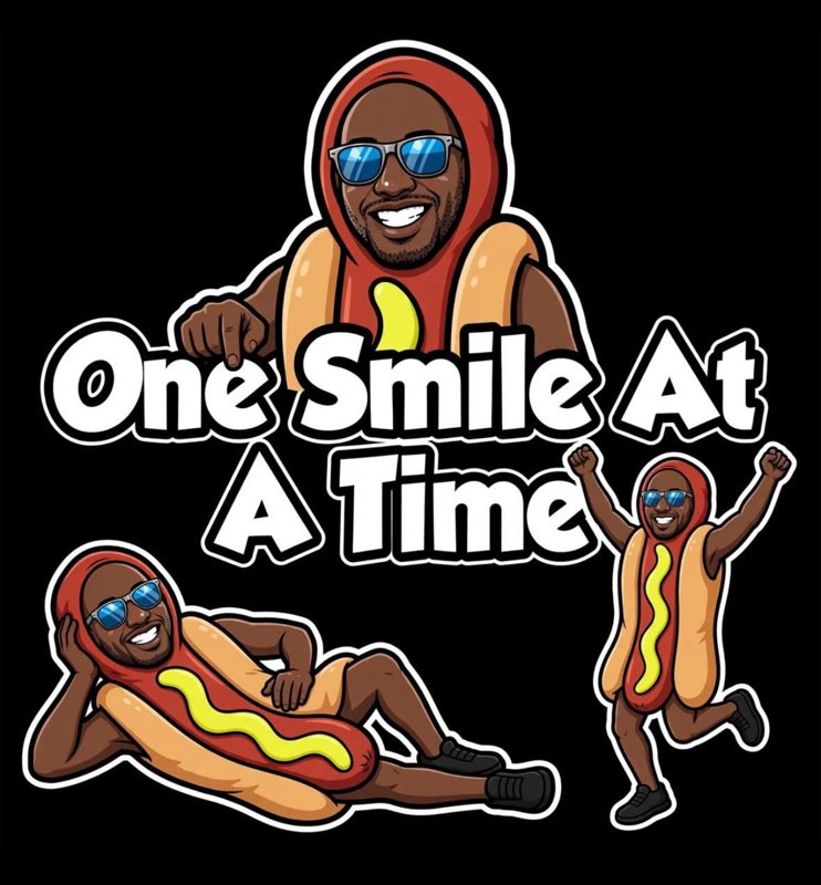 Cartoon EJ Fields in his hot dog costume with the words One Smile At A Time